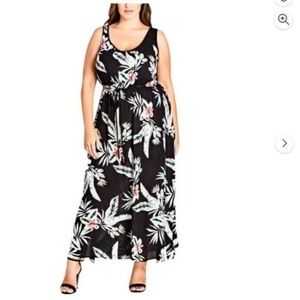 City Chic Women Dress 18 Black Floral Tie Waist Stretch Maxi‎ Summer